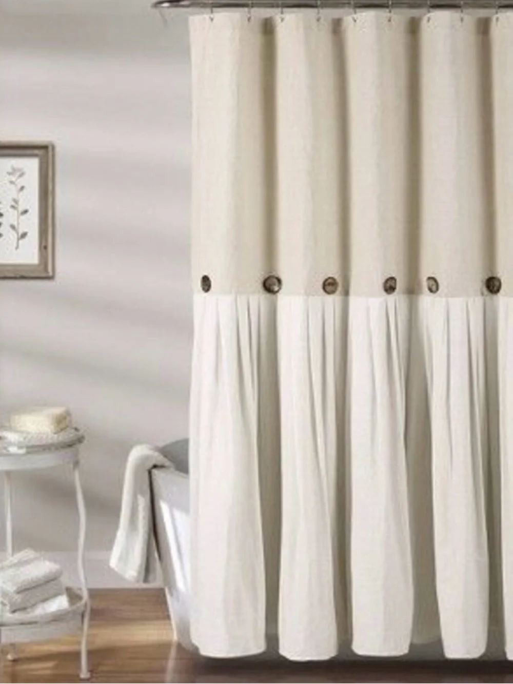 LUSH Decor Cotton Blend Linen Cream Two-Tone Shower Curtain Button Accent NWT